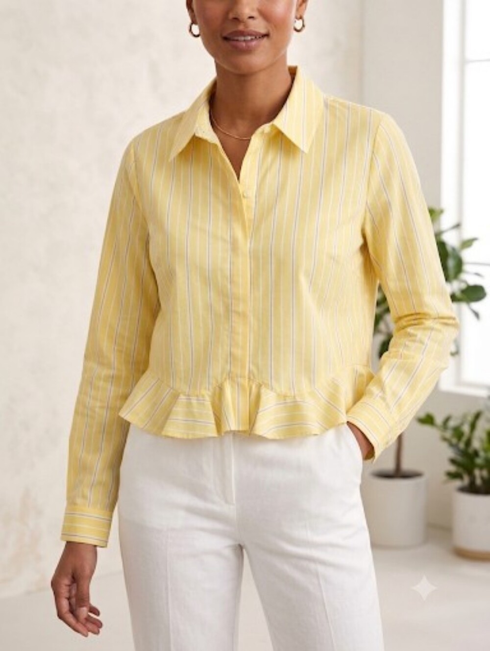 CAbi 25 FLIRT Shirt Yellow Striped Ruffle-Hem Button Down Shirt Size M
